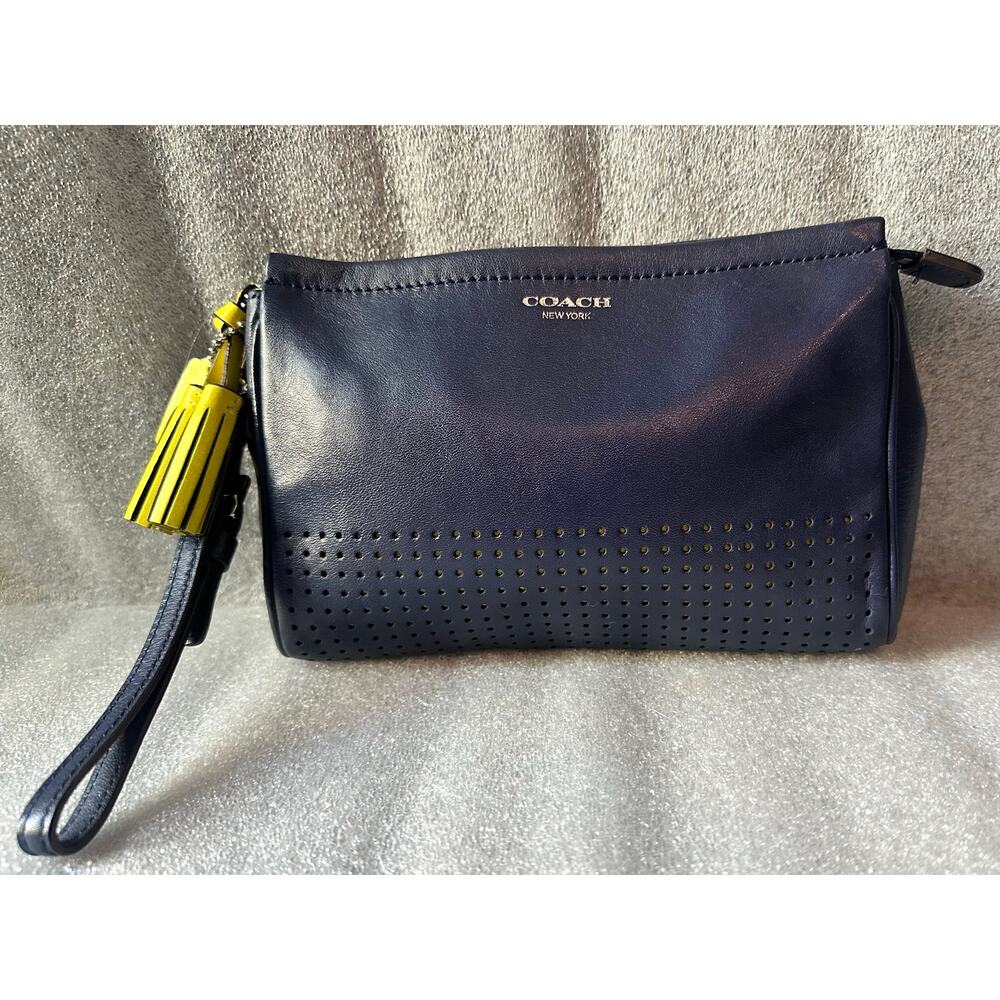 Coach Legacy Navy Bright Neon Yellow Perforated Leather Wristlet Clutch Zip - Picture 2 of 7